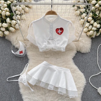 Hot Sweet Cosplay Uniform High Waist Hollow Ruffled Bubble Sleeve Short Top Cute Sexy Two Layer Sheer Short Skirt Two-piece Set 1