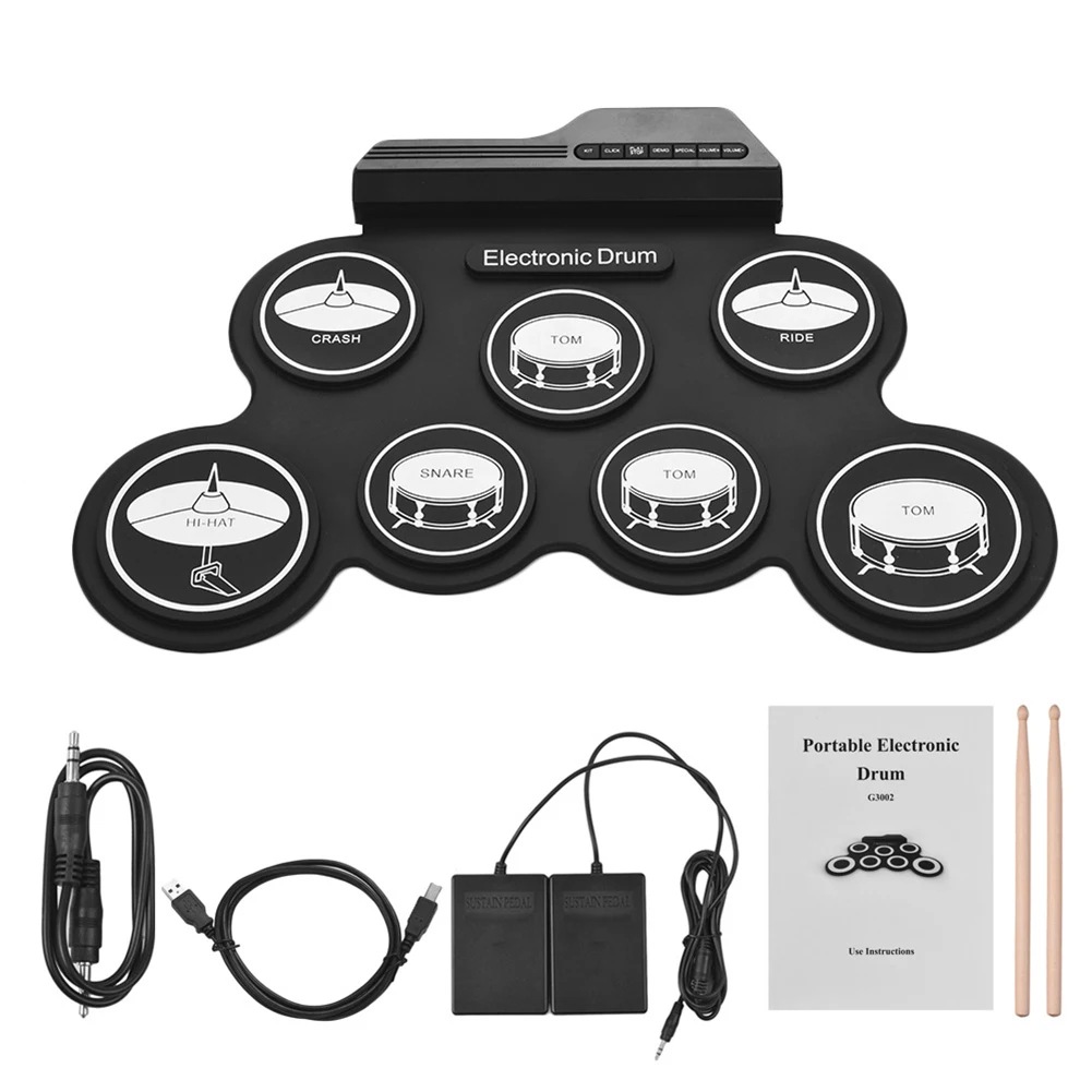 Roll Drum Kit Folding Music Drums Hand Roll USB Electronic Silicon Drum Practice Drums Kit 7-Pad Drumsticks Sustain Pedal portable drum pad virtual drum kit