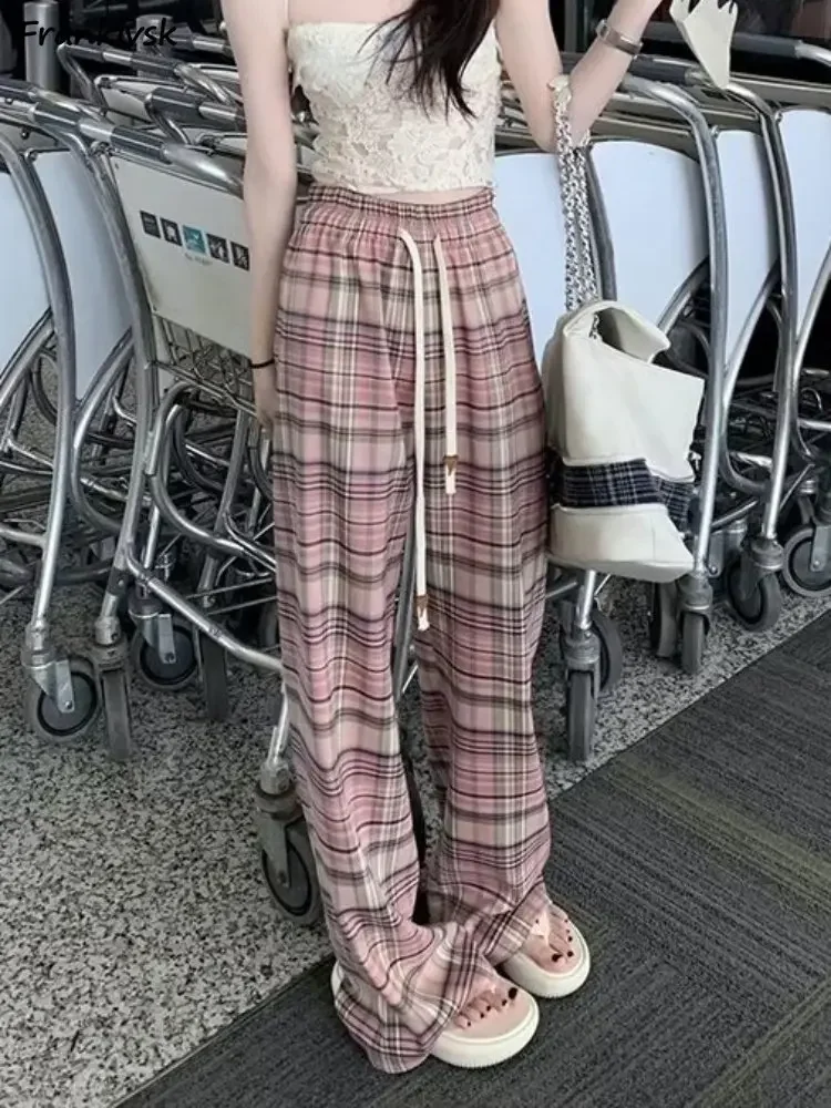 

S-5XL Pants Women Vintage Autumn New Fashion College Hotsweet Y2k Plaid Trousers Loose High Waist Korean Style Daily Pantalon