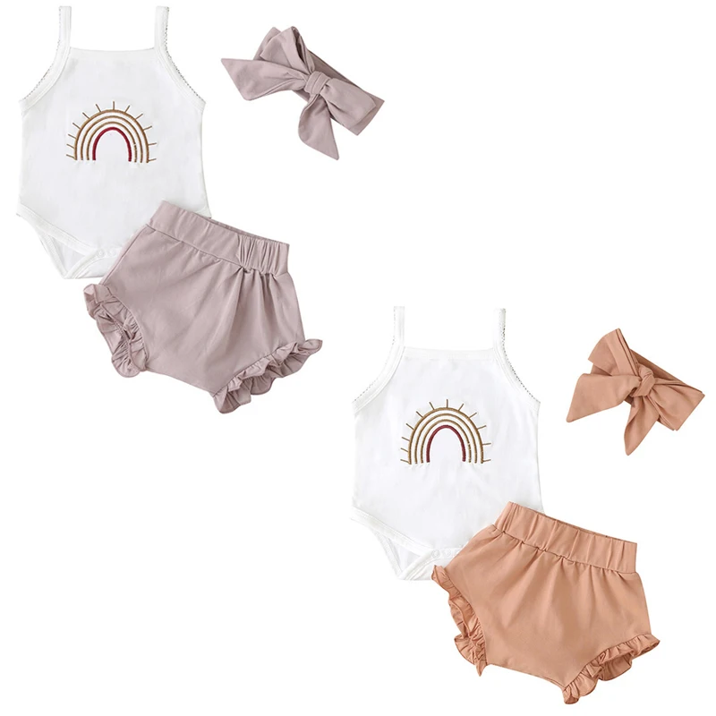

0-18M Summer Infant Baby Girls Clothing Suit Toddler Baby Girl Clothes Set Sleeveless Cotton Bodysuits+PP Shorts+Hair band