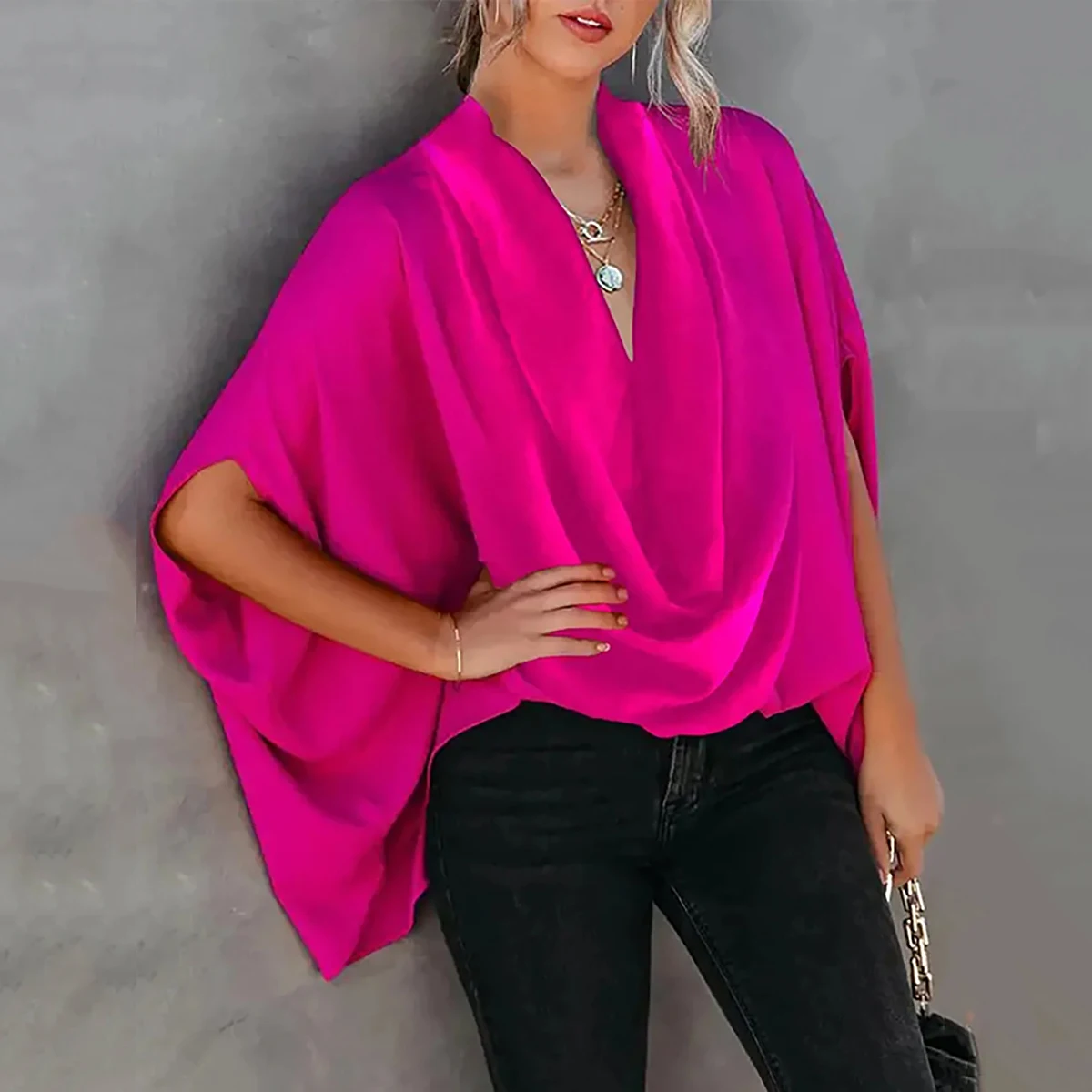 

Onecozyday Women Clothes Solid Color Batwing Sleeve Blouse Summer Stylish V-neck Loose Shirts For Adult Vacation Party Wear