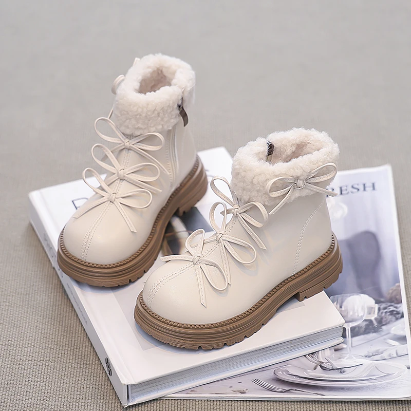 Girls Leather Ankle Boots with Bow Detail for Winter
