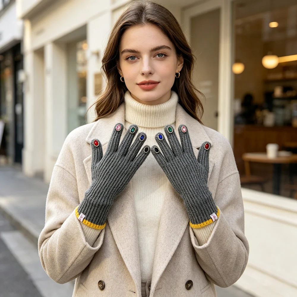 Luxury High Quality Rhinestone Solid Soft Extended Knitted Gloves Winter Warm Touch Screen Fashion Full Finger Women Mittens