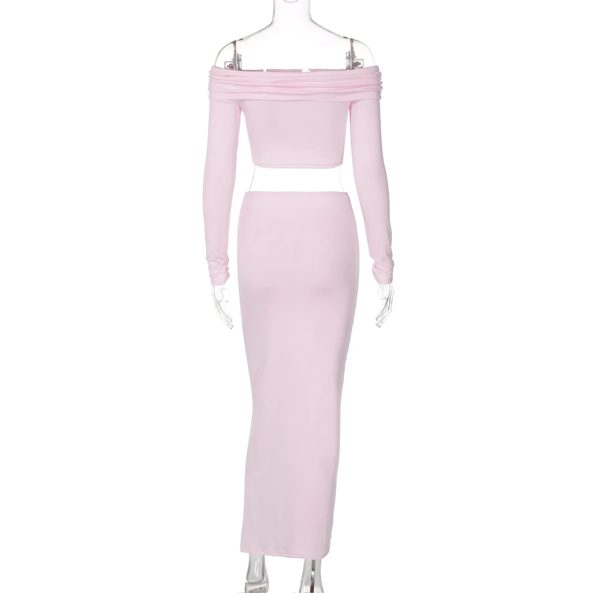 Casual Off-Shoulder 2 Piece-Set Maxi Skirt For Women Patchwork Long Sleeve Pullover Top And Long Skirt Sets Female Outfits