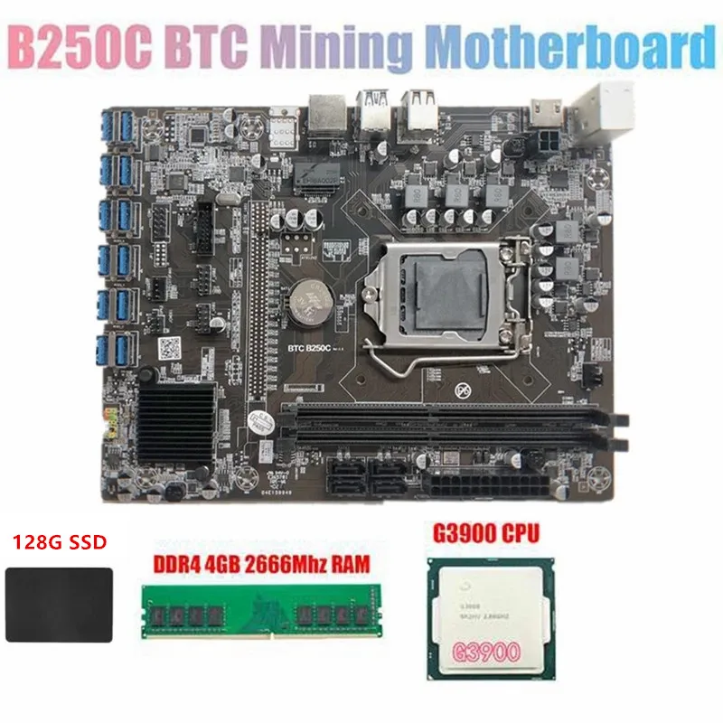 

Материнская плата B250C для майнинга BTC + G3900 или G3930 CPU + DDR4 4 Гб 2666 МГц RAM + 128G SSD для майнинга BTC