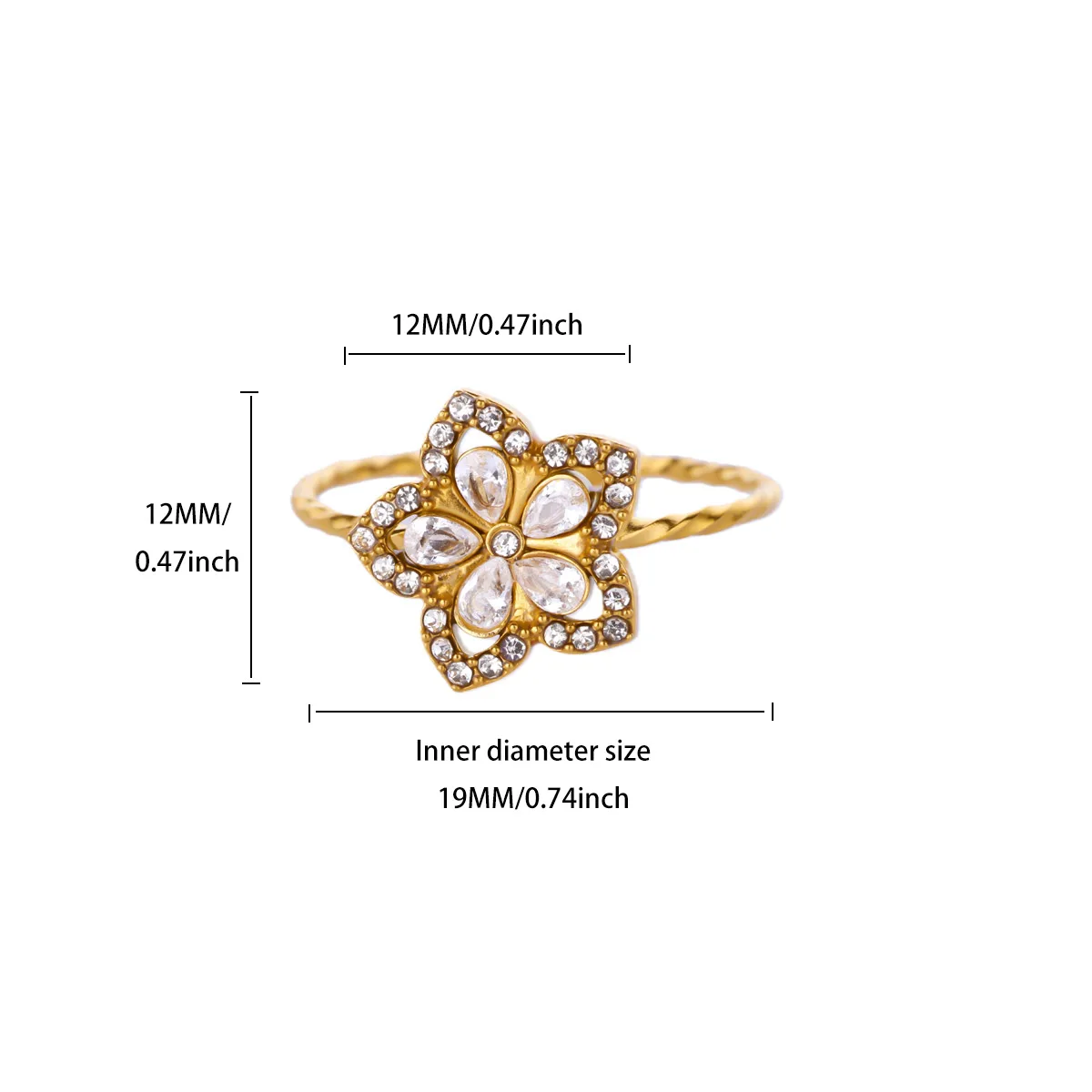 Zircon Flower Rings Women Gold Color Stainless Steel