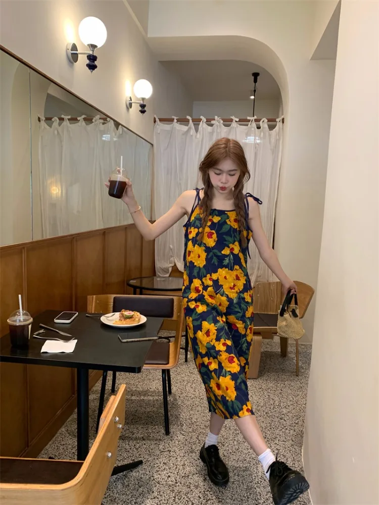 

2024 Women Summer Fashion Floral Sleeveless Dress Female Vintage Elegant Long Dresses Ladies Long Print Camisole Vestidos H60
