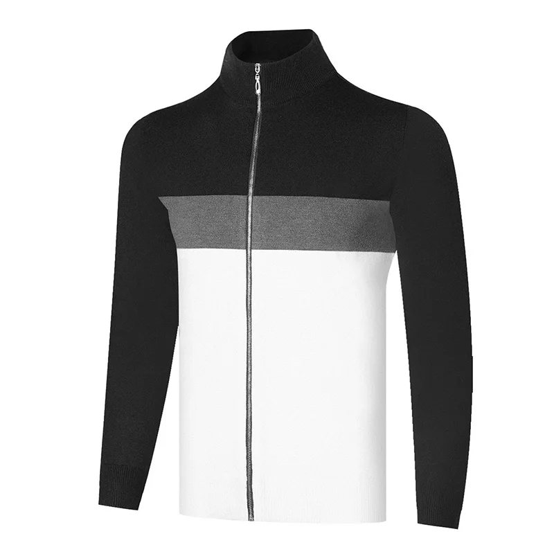 Men's Autumn And Winter Golf Knitted Coat Long Sleeve Sports Knitted Shirt Splicing Color Elastic Warm Fashion Ball Wear