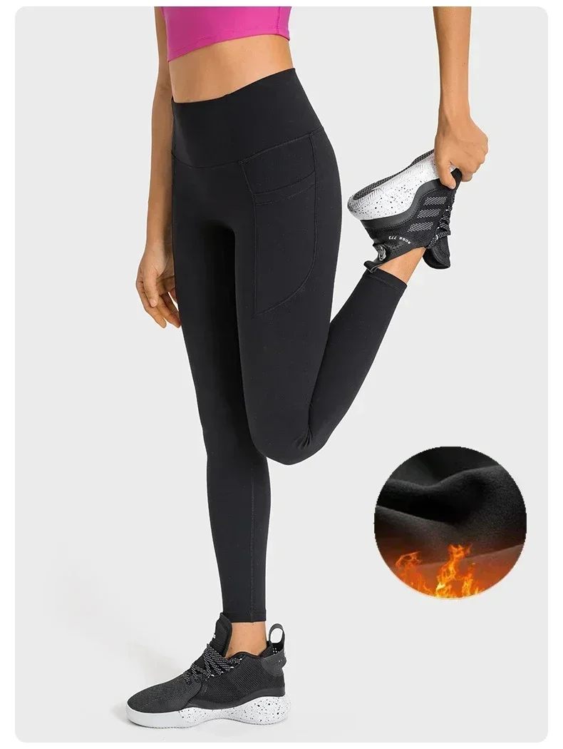 

Lulu Women Wintertime Plus Fleece Warm Yoga Pants Gym Sport Fitness High Waist Leggings Side Pocket Sportswear Jogging Pants