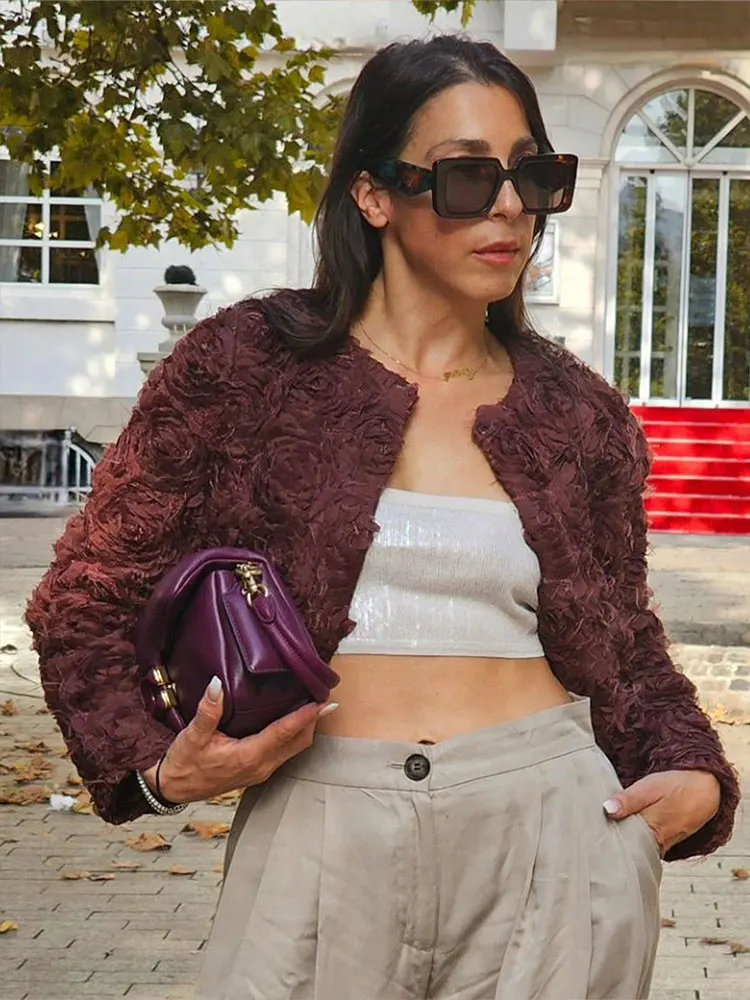 HH Women Elegant 3D Flower Texture Decoration Short Coat O Neck Long Sleeve Jackets Spring Fashion High Street Outerwear