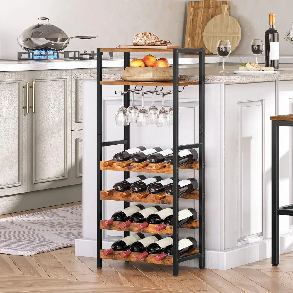 Freestanding Wine Rack, 16-Bottle Wine Storage Rack with Tabletop and Glass Holder, 6-Tier Bar Rack, Rack