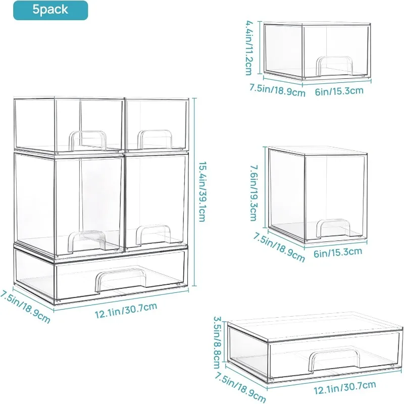 Stackable Storage Drawers Set of 5, Clear Plastic Organizer Bins for Beauty Supplies,Ideal for Vanity, Bathroom 3
