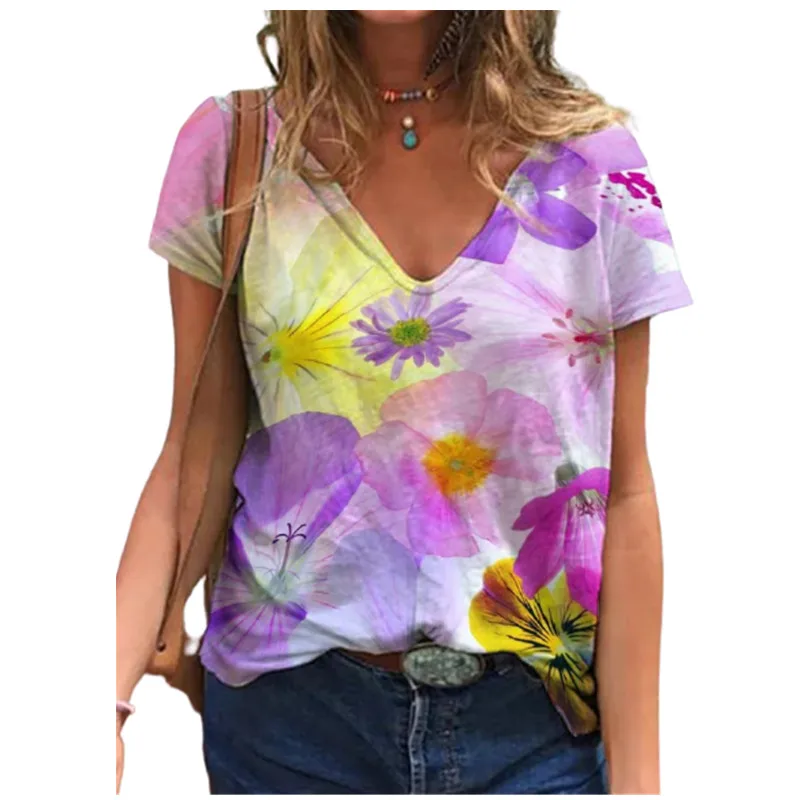 Fashion Print V-Neck Women T Shirt Casual Loose Streetwear Ladies Plus Size Beach Short Sleeve T Shirt Female Pullover Tops Tee long sleeve t shirts Tees