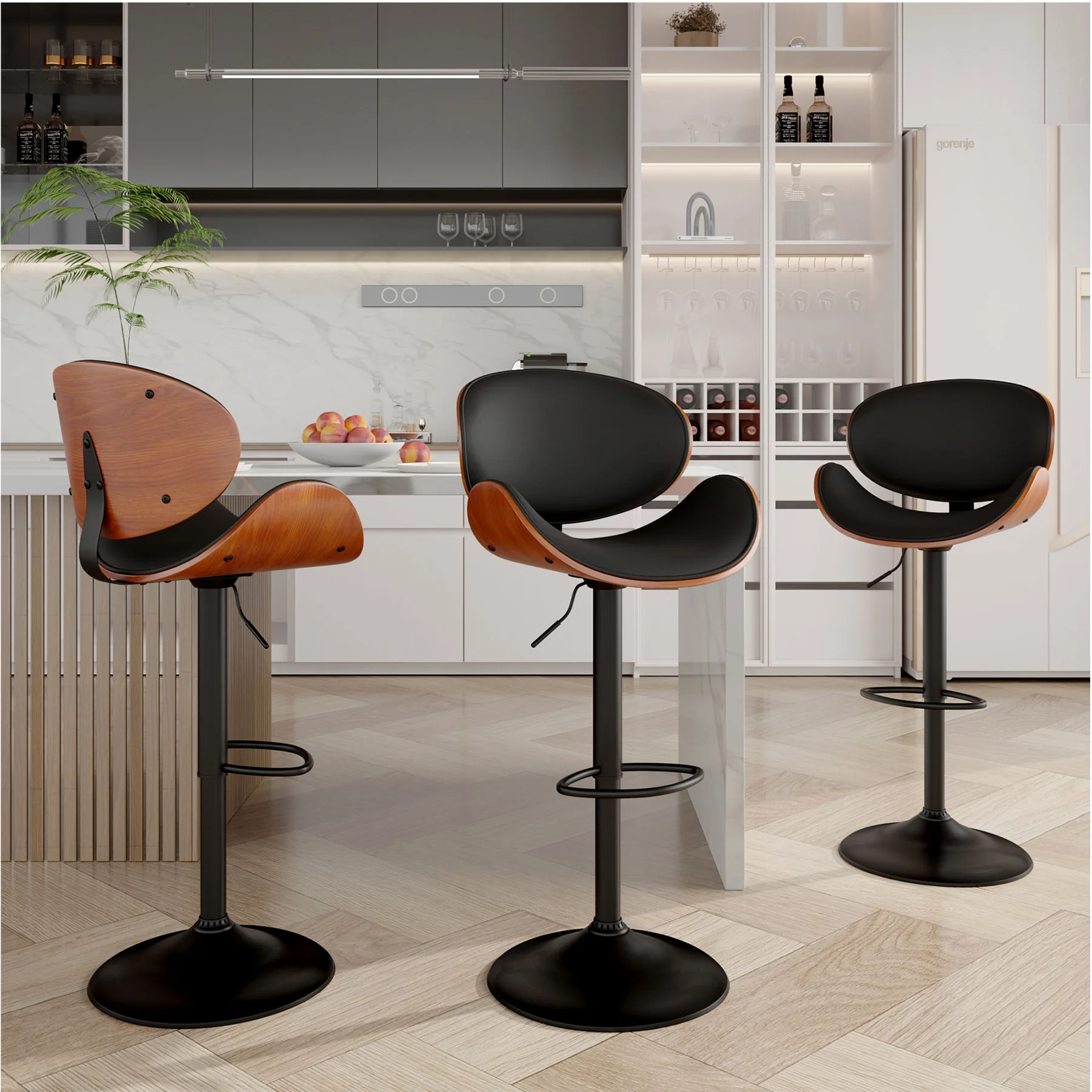 Rotating Bar Stool 2-Piece Set with Backrest and Footstool, Pu Leather Cushion Counter Height Bar Chair for Kitchen and Restaurant