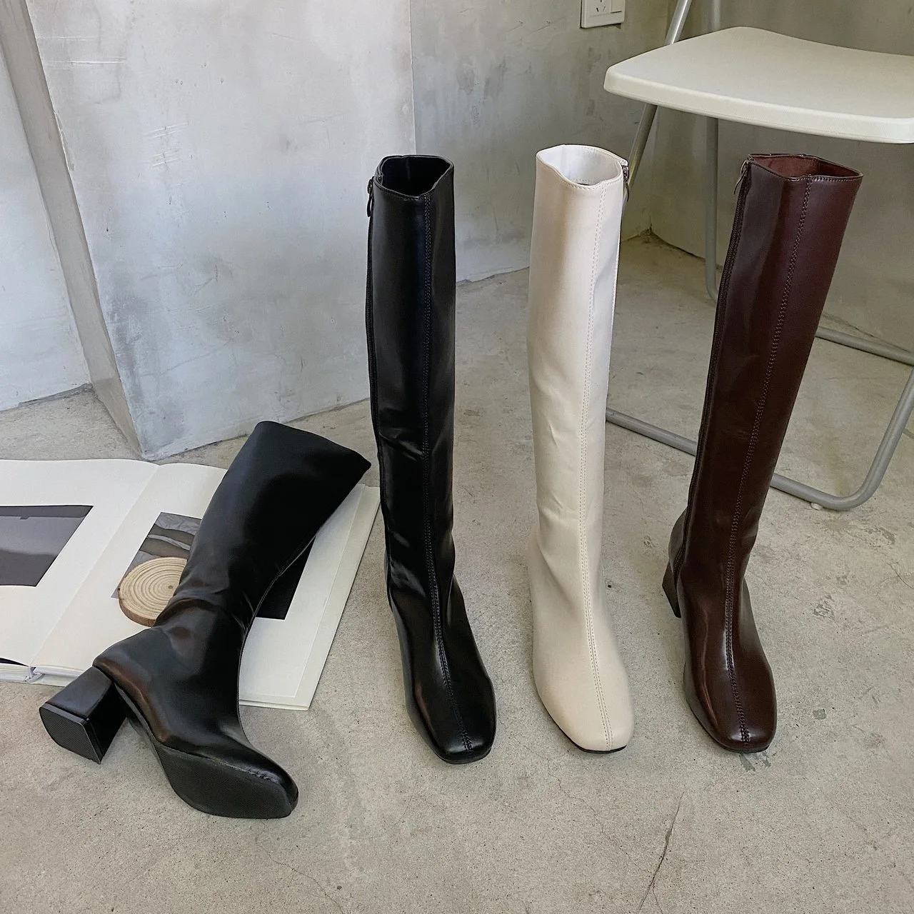 Women Thigh High Boots Women Casual Plush Knee Boots High heeled knight boots Ladies Leather Long Boots White Black Shoes Large