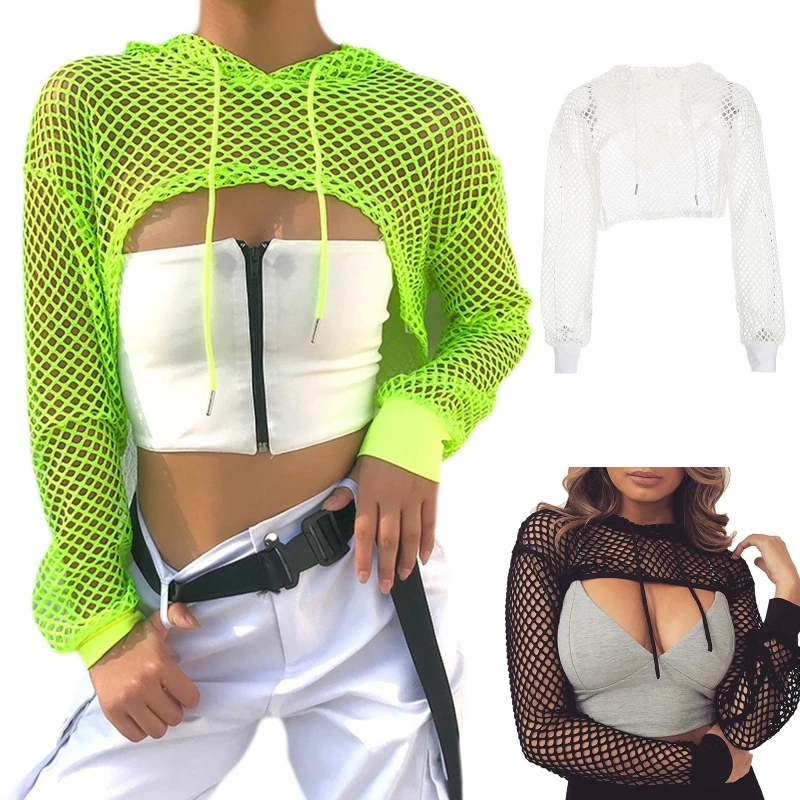 Women Long Sleeve Mesh Fishnet Hoodies Crop Top Pullover Cover Up Sweatshirt