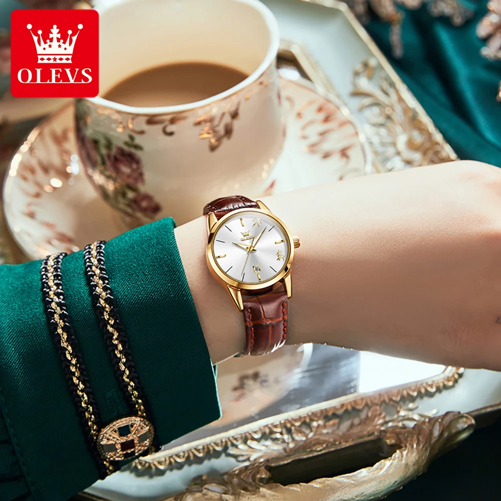 OLEVS Quartz Watch for Women Fashion Chinese Text Dial Leather Strap Waterproof Luminous Elegant Women's Wristwatch Reloj Mujer