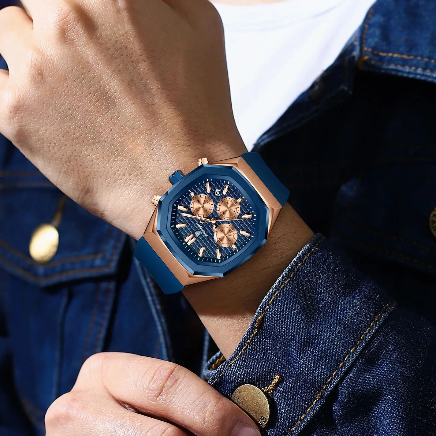 Relógio masculino fashion com cronógrafo, data, pulseira de silicone, relógio de pulso masculino à prova d'água, relógios de quartzo luminosos para homens + caixa de presente_voghion.com