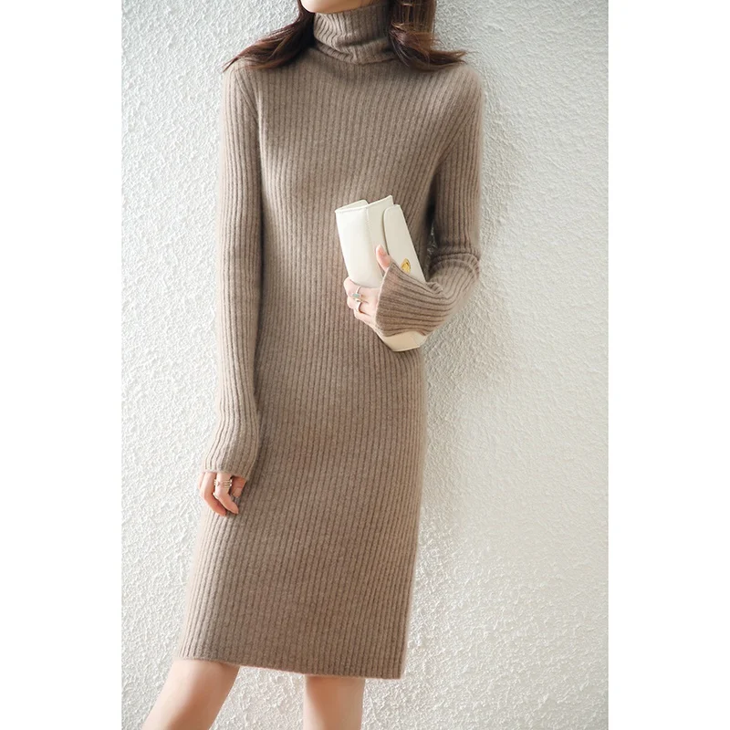 

2023 New Autumn And Winter High Collar Sexy Long Dress Soft Feminine 100% Pure Wool Sweater Female Turtleneck Knitted Pullovers