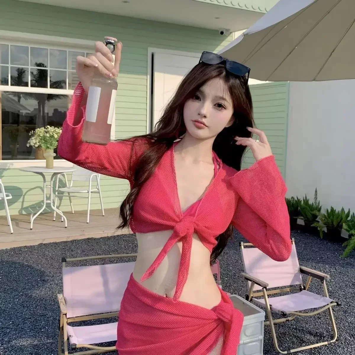 Sexy 4 Piece Lace Up Bikinis Set Women Swimsuit Solid Long Sleeve Cover Up with Skirt Swimwear New Push Up Bathing Suit Bikini