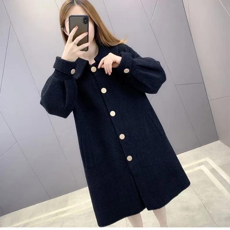 Double-Faced Woolen Coat for Women, Mid-Length Outwear, Loose, Large Size, Female Fashion, Monochromatic, Autumn Winter, 2024