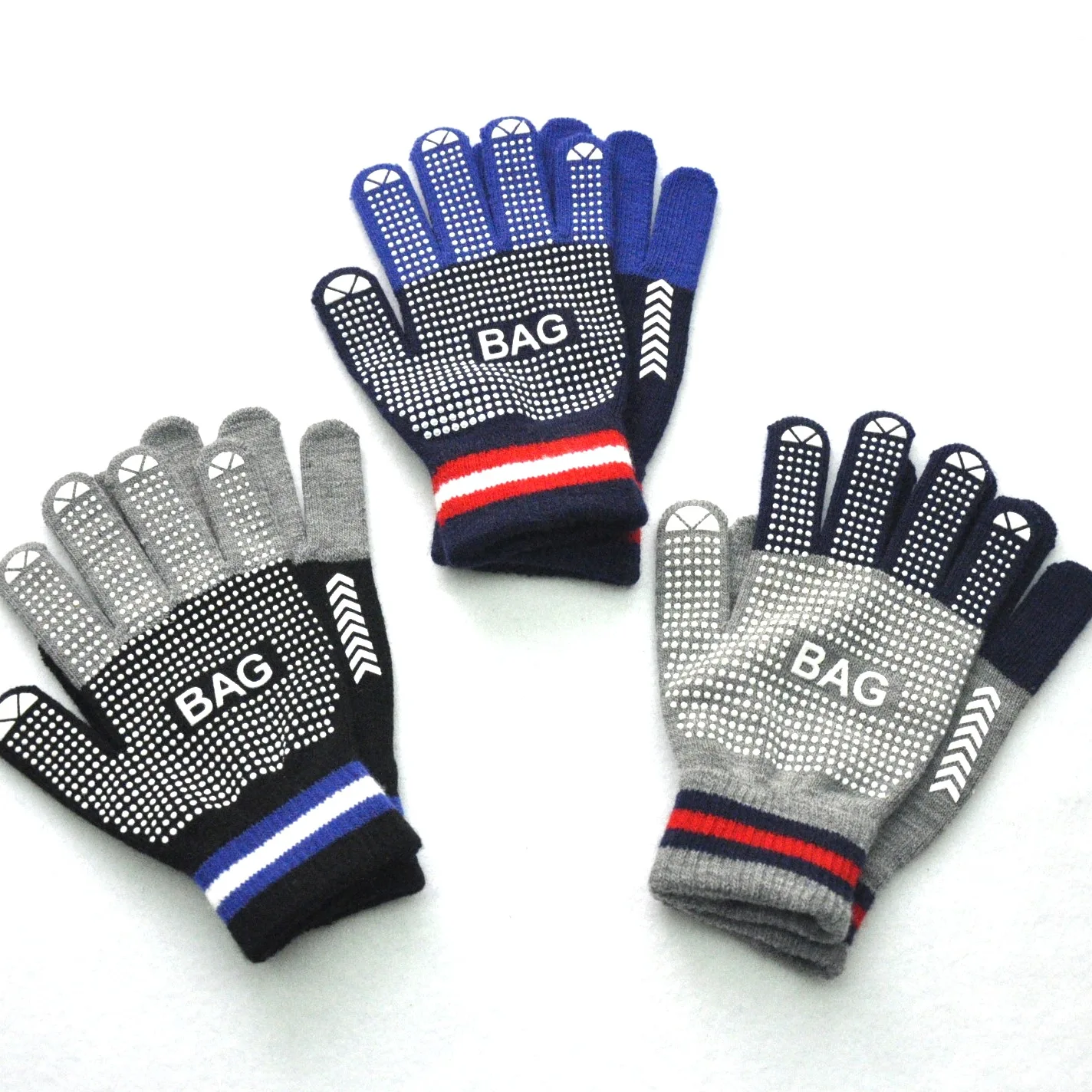 Men's and women's winter cycling spot grain non slip warm knitted gloves high elastic five finger color matching gloves