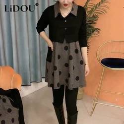 Autumn Winter Lapel Fake Two Piece Plaid Spliced Long Shirt Lady Loose Casual Fashion Wild Blouse Pullover Top Women's Clothing