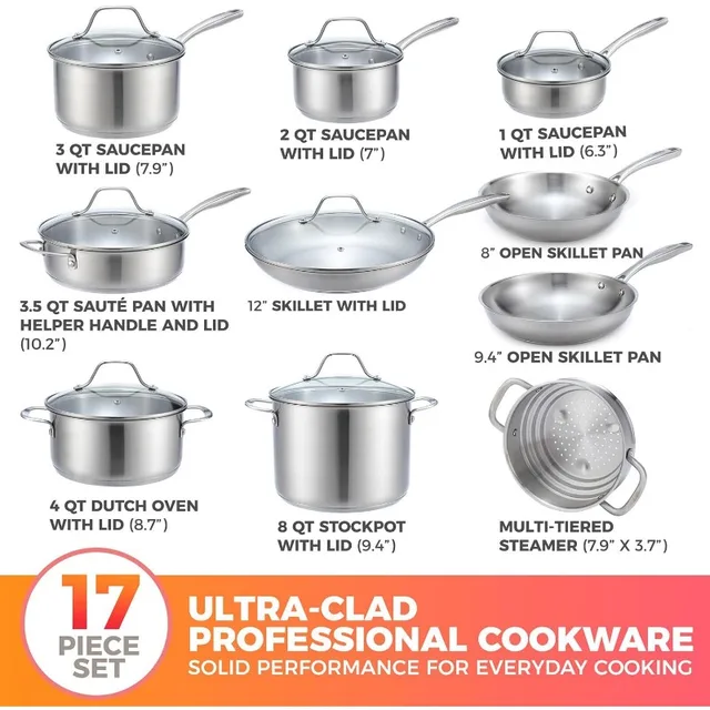 Mueller Pots and Pans Set 17-Piece, Ultra-Clad Pro Stainless Steel Cookware  Set, Ergonomic and EverCool Stainless Steel Handle, Includes Saucepans, Sk  for Sale in Las Vegas, NV - OfferUp