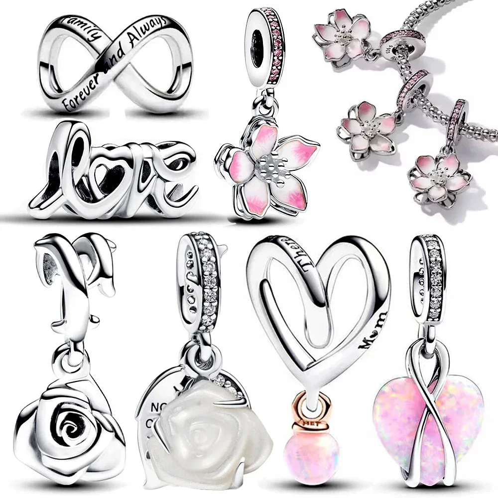 2024 New 925 Silver Zircon Rose Pink Flower White Jasmine Charm Beads Fits Pandora Charms Original Bracelet As Jewelry Gifts
