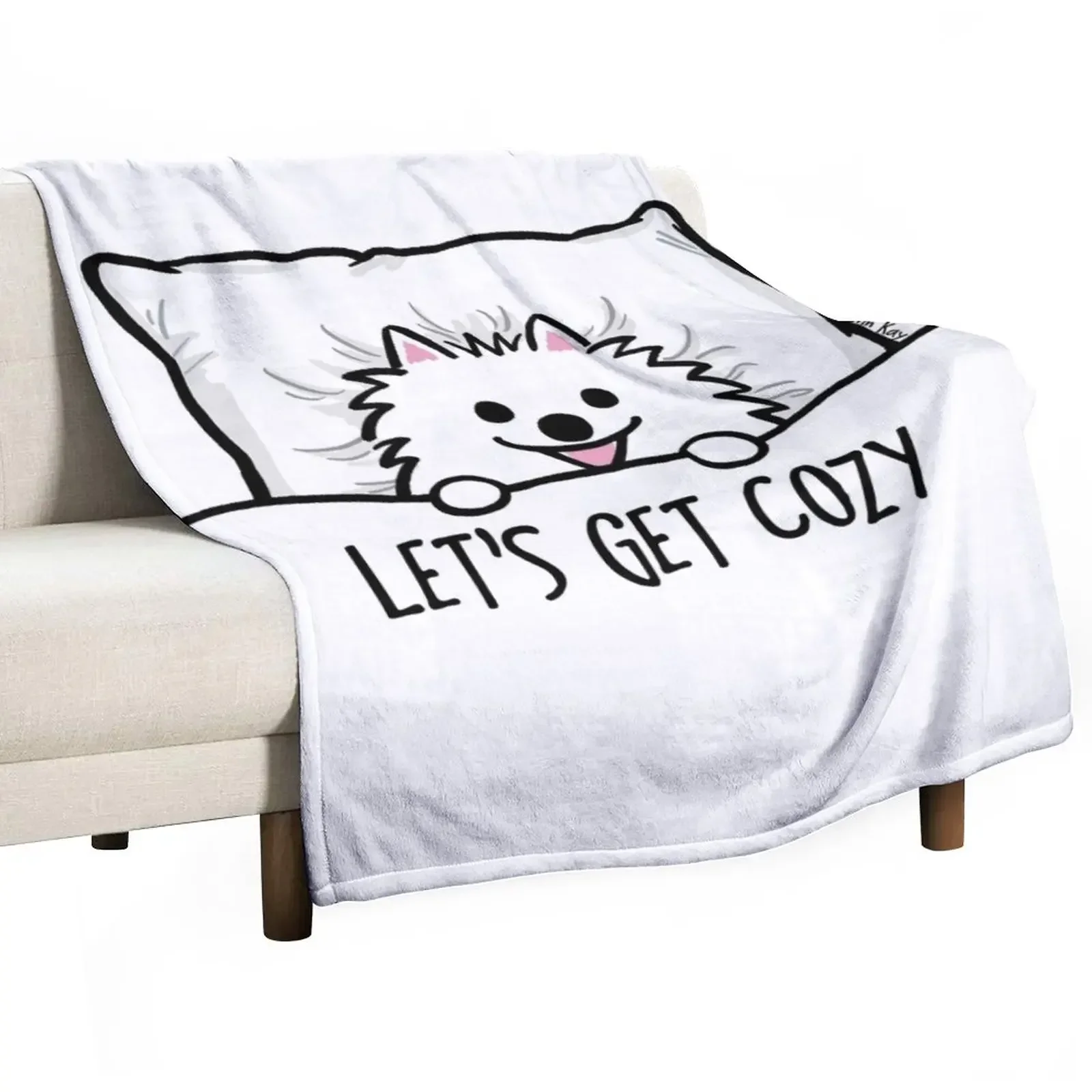 White Pomeranian Tucked into Bed Cute Pom Cartoon Dog Throw Blanket Plaid on the sofa Plaid Softest Hair Blankets