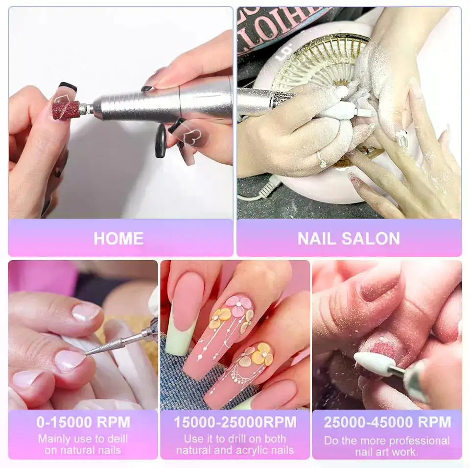 Description Picture 6 of itemNew 45000RPM Rechargeable Electric Nail Drill Machine Professional Nail art Drills Gel Nails Polish Portable Nail File Manicure
