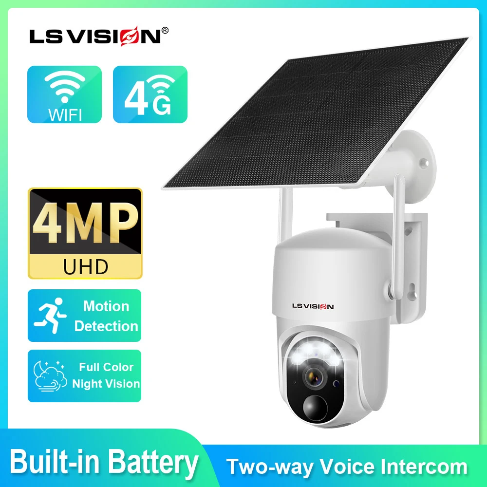 LS VISION 4G/WIFI 4MP Security Camera with Solar Panel Outdoor Wireless Security Protection Monitoring, Built-in Battery PTZ Cam