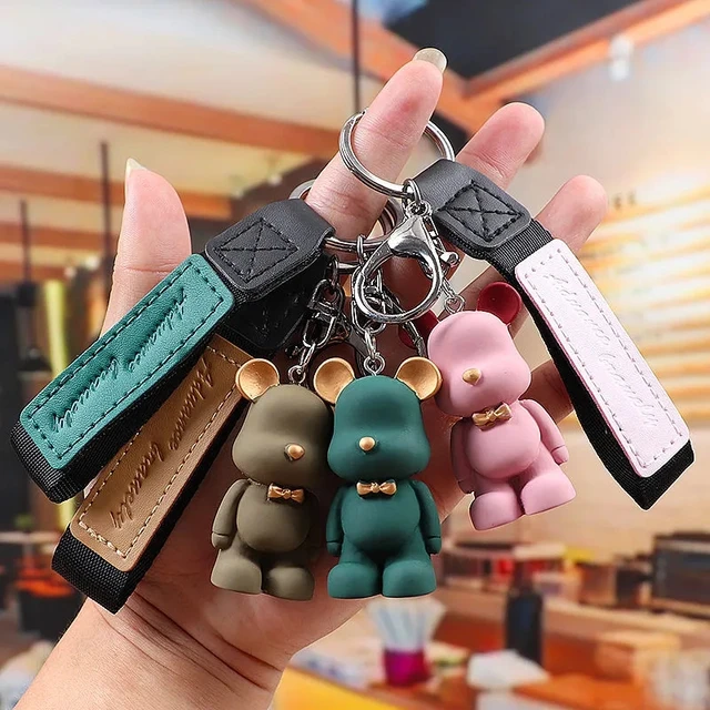 Cartoon Bear Charm Keychain With Cute Wristlet - Trendy Styles