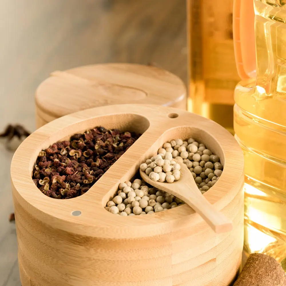 Seasoning Jar Bamboo Salt Container Box With Lid And Spoon Pepper Sugar Storage Cellar Holder Bowl Kitchen Accessories