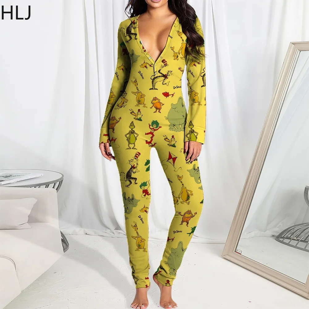 HLJ Fashion Christmas Cartoon Print Jumpsuit Women V Neck Zipper Back Hollow Out Playsuits Casual Female Slim Overalls Pajamas
