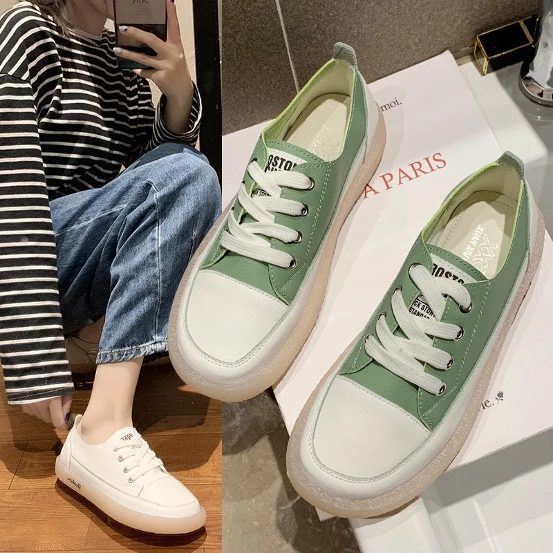 

2023 Spring Autumn Fashion White Sports Shoes Ballet Flat Women's Slip-on Soft Bottom Student Round Head Lace-up Casual Footwear