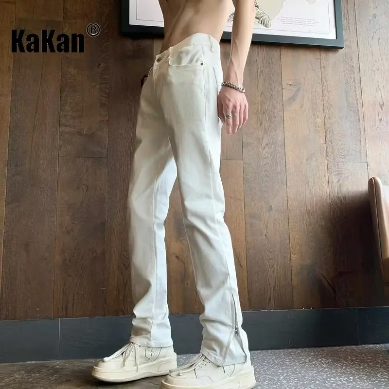 Kakan - Europe and The United States New White Slim Jeans Men's, Gang Handsome Zipper Open Micro Straight Long Jeans K63-6077