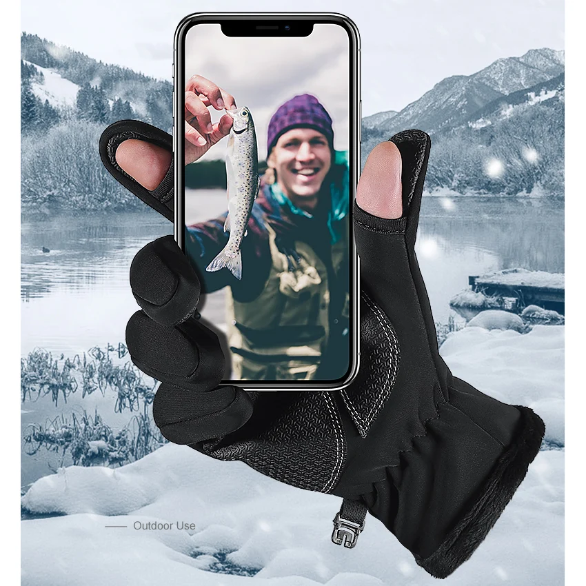 2 Fingers Flip Touchscreen Gloves Winter Warm Waterproof Windproof Glove Fishing Riding Velvet Mittens Women Men Angling Gloves