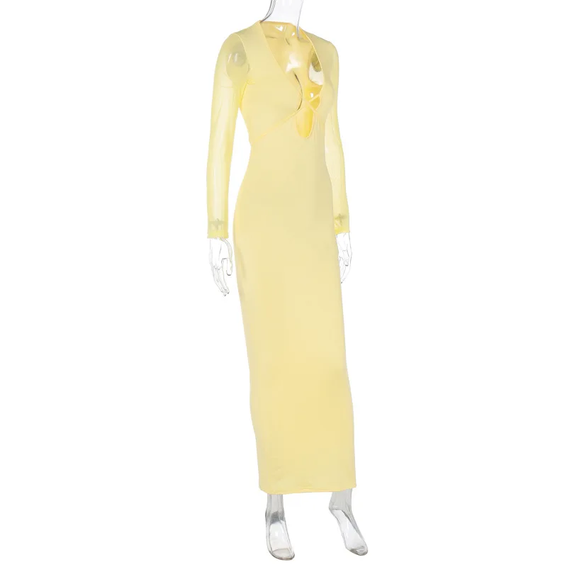 Vestido largo de malla con encaje y aberturas - Elegante vestido de fiesta con escote en V y banda elástica