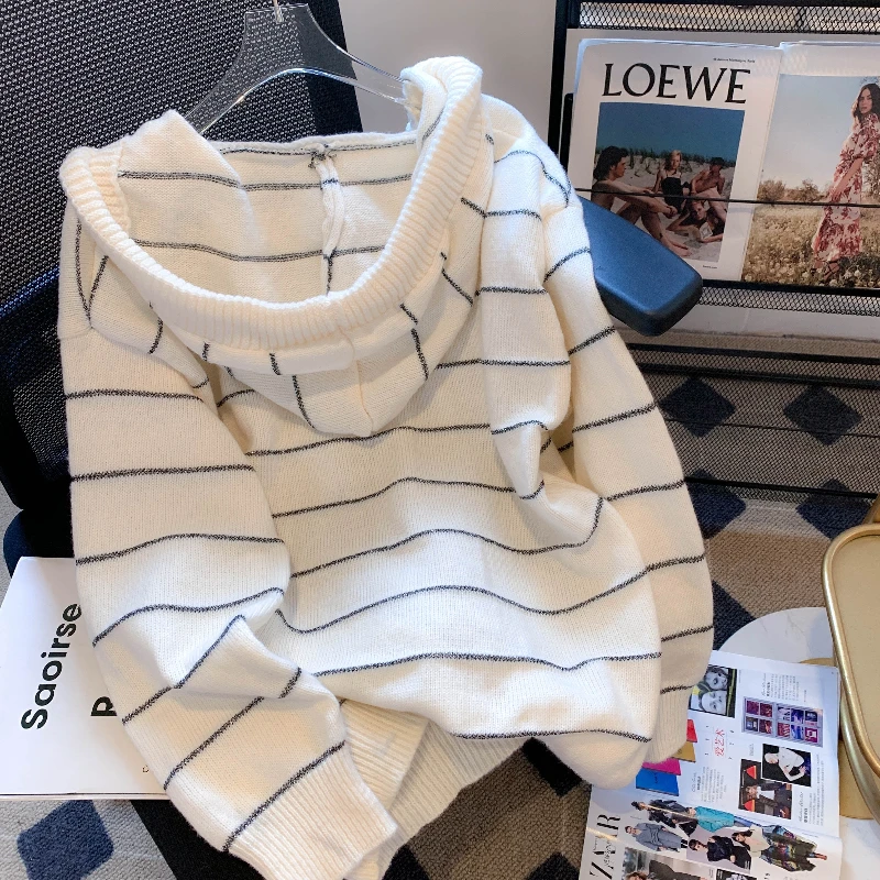 Autumn Winter 2025 New Women's Hooded Sweater Pullover Loose Casual Long Sleeve Striped Knitted Top Elegant Knitwear