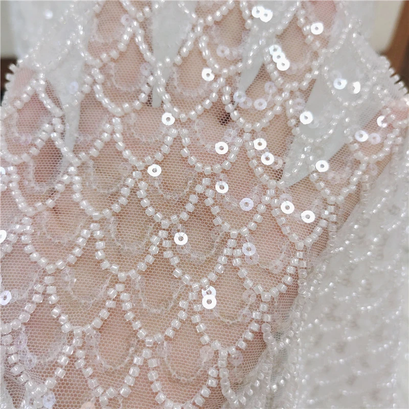 무거운 수제 구슬 자수 레이스 원단, 웨딩 이브닝 드레스 치파오 디자이너 원단, 맞춤형 원단, DIY 액세서리