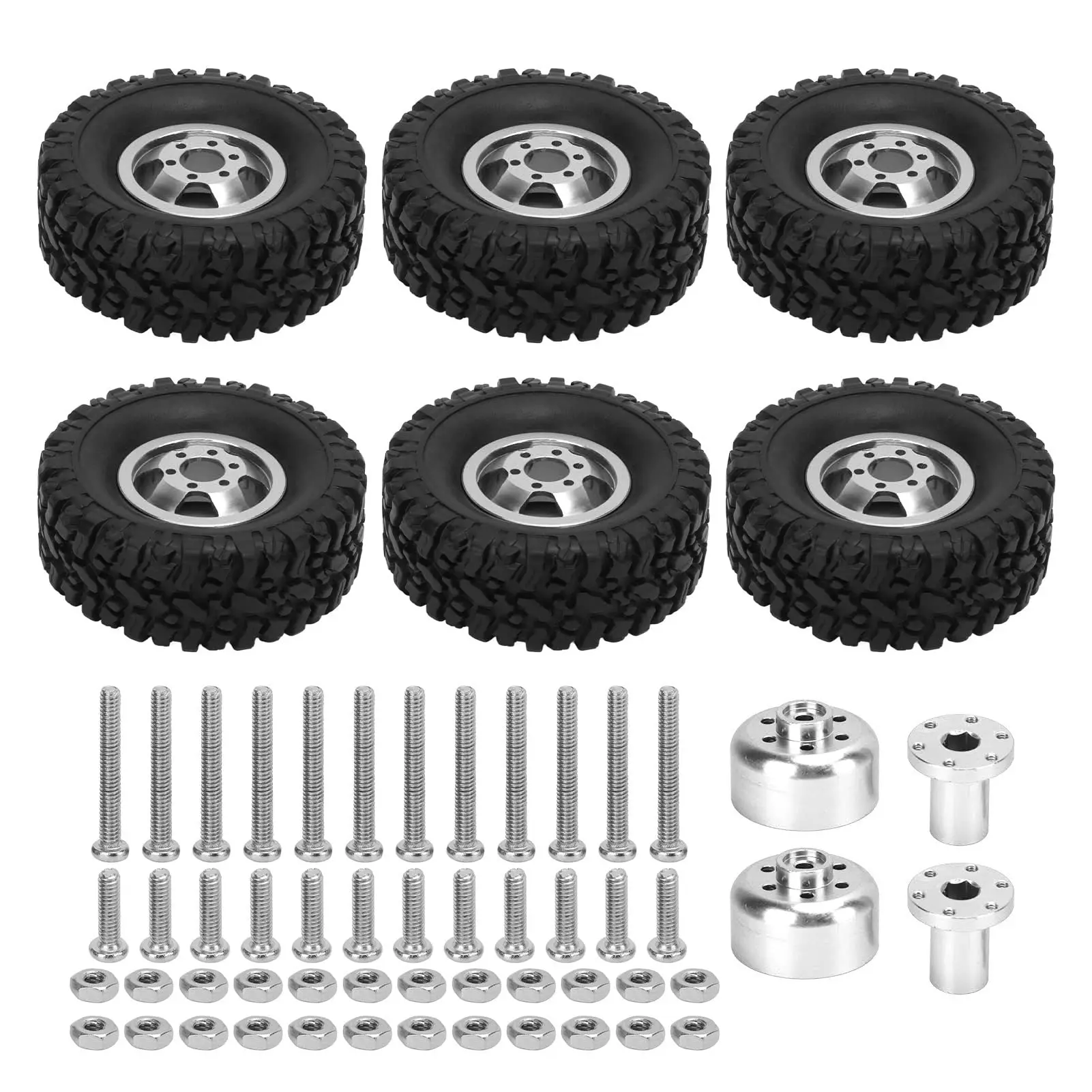 Pneus tout-terrain 68mm pour voiture RC 1/16 disposés en étoile, mettant en valeur leur design robuste et leur compatibilité avec divers modèles.