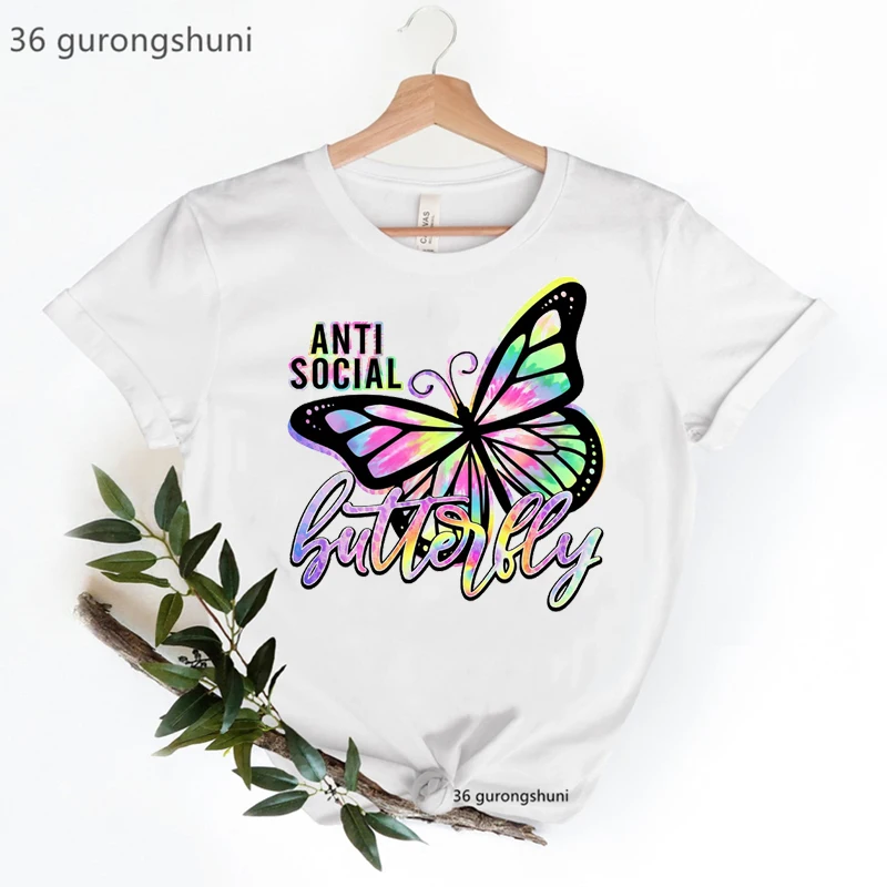 

Rainbow Anti Social Butterfly Graphic Print Tshirt Women Clothes 2022 Casual White Lgbt T Shirt Femme Summer Fashion T-Shirt top