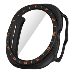 Rugged Tempered Glass Protective Case for Smartwatch - 47mm Bumper Frame Cover (Black Orange - Film)