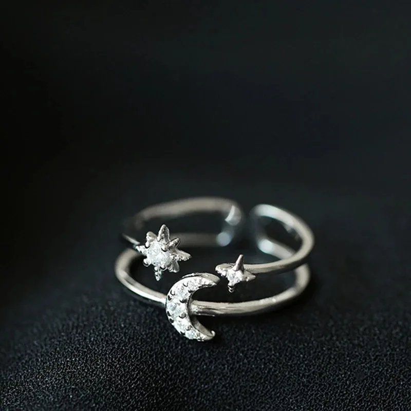 

925 Sterling Silver Sweet Double Layer Star Moon Opening Ring for Women Girls Finger Ring Wedding Fine Jewelry Wholesale