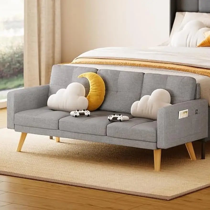 

Bench for Bedroom with Backrest Upholstered Bench for End of Bed with Arms, Sofa Couch with 3 Comfy Pillows for Teenagers Room