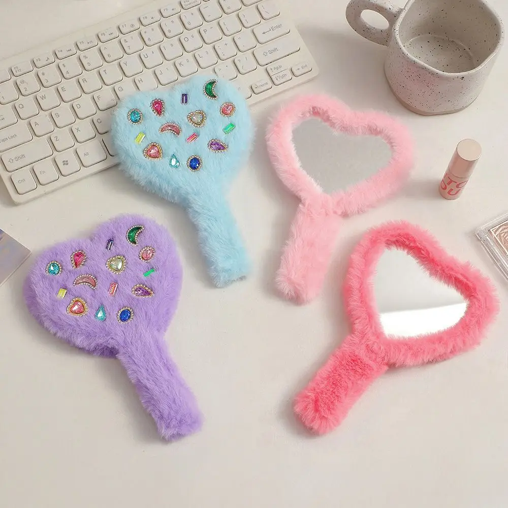 

Cute Love Hand Mirror Korean Compact Plush Handle Cosmetic Mirror Portable Heart-shaped Handheld Mirror Women