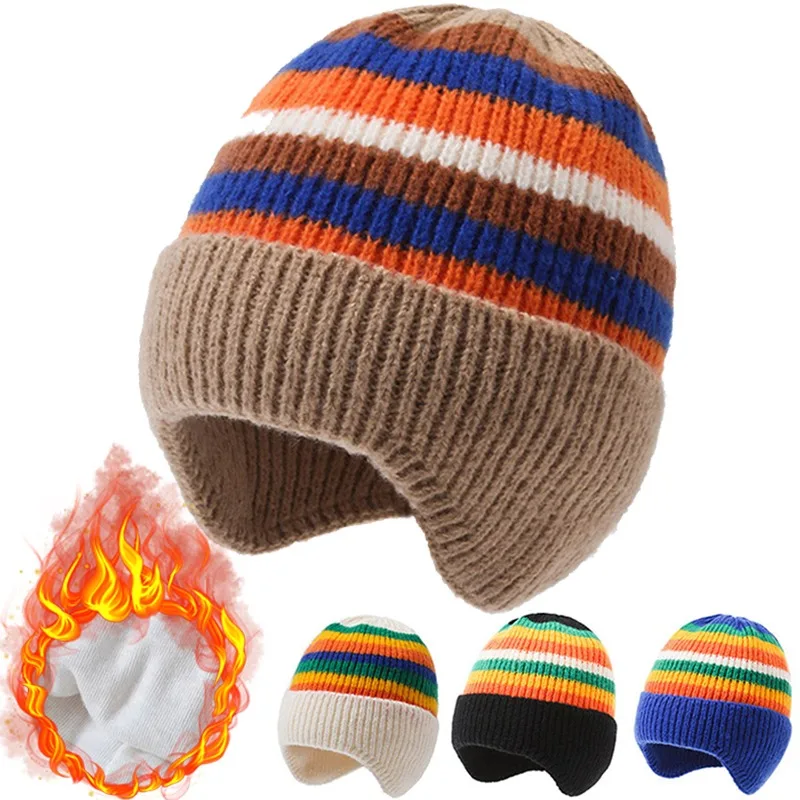 

Rainbow Striped Baby Hat Beanie Autumn Winter Knitted Warm Hats for Kids Korean Fashion Ear Protection Cap Bonnet Enfant