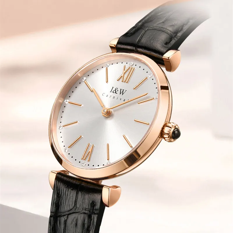 CARNIVAL Brand Diamond Watch Ladies Simple Design Leather Casual Girls Quartz Wristwatches Fashion Clock for Women Reloj Mujer