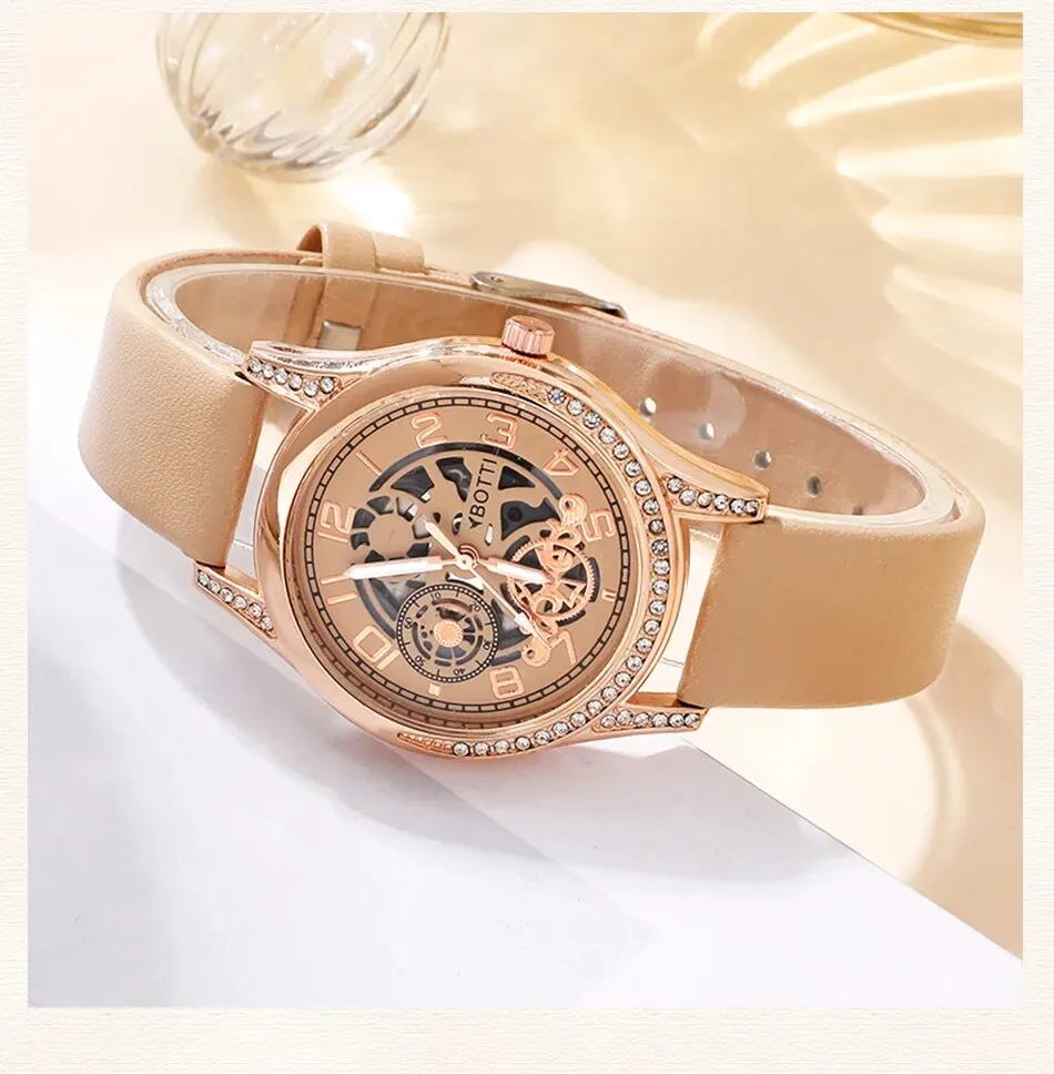 S547be05f68084ba9a4d5ae5ead8bda31r Women's Fashion Watch Casual Khaki Leather Belt Watches Ladies Rhinestone Quartz Wristwatches Bracelet Set Clock Montre Femme Mallzona